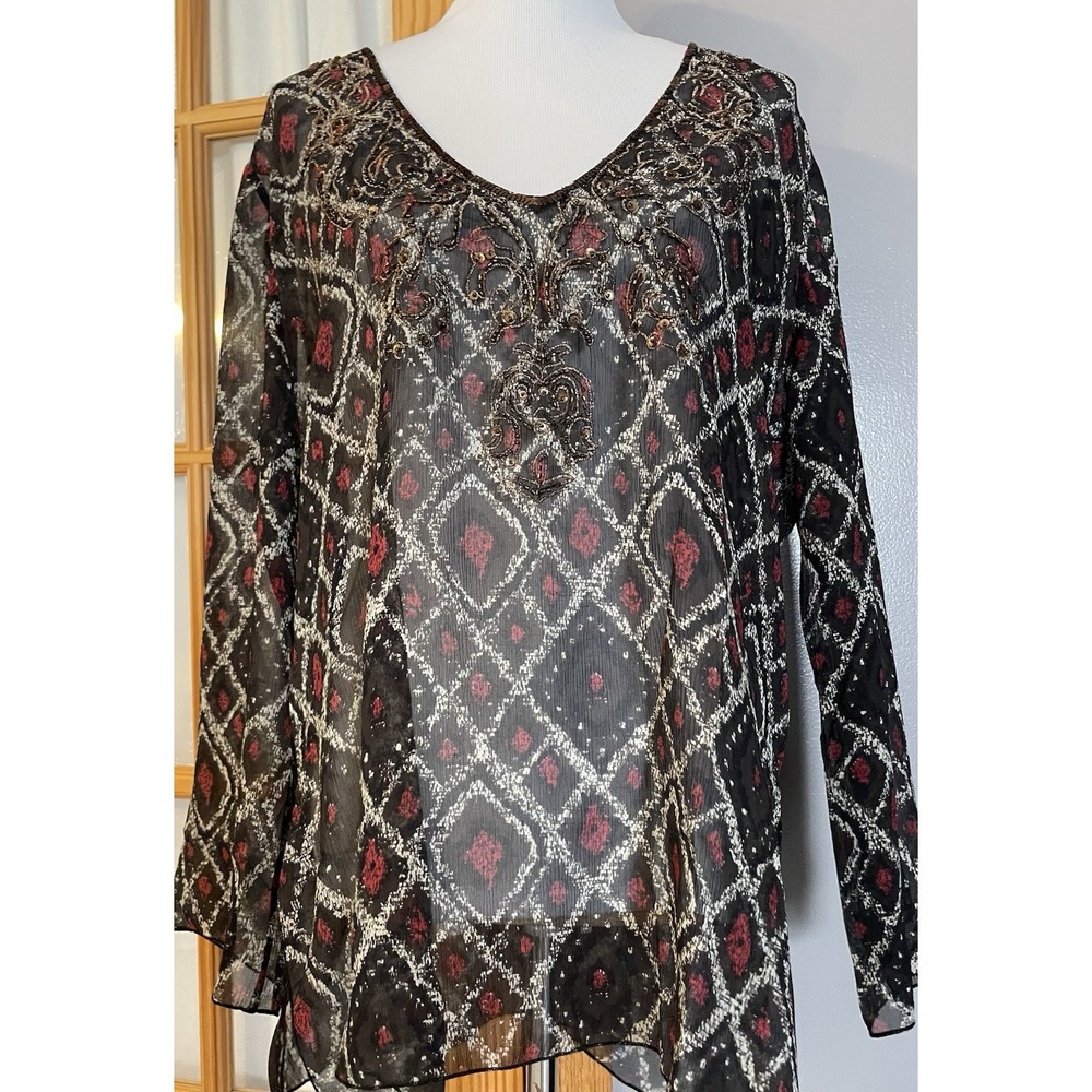 90s Chicos Silk Sheer Blouse Sz 2 (US 12) Brown Red Beaded Ikat Pattern Career